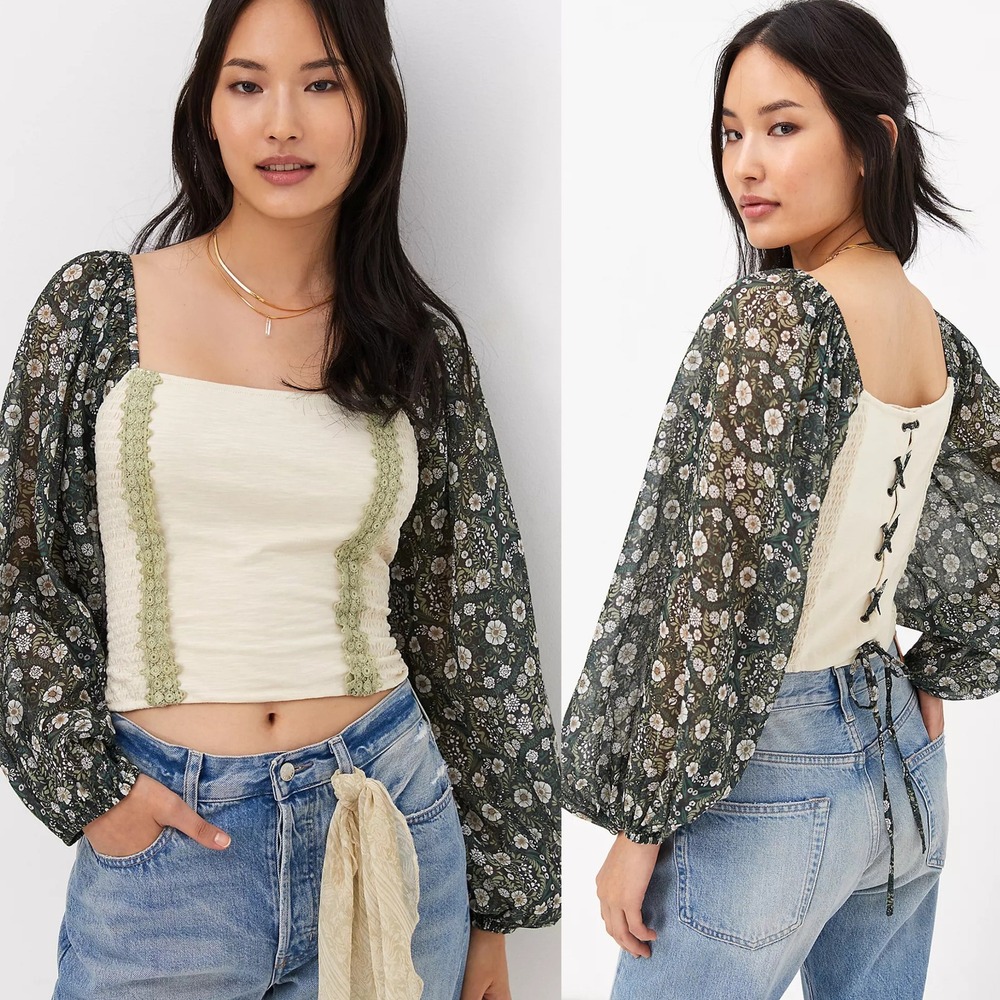 Anthropologie Forever That Girl Top Womens XL Smocked Corset Renfair Green Boho